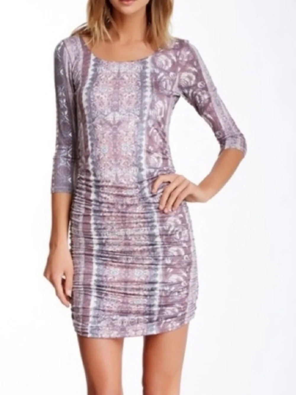 Free People Jasmine Mini Dress Size S Purple Printed Ruched Bodycon Elbow Sleeve
